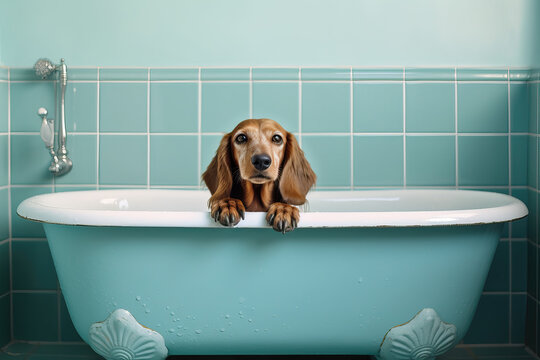 dog sitting in bathtub, ai generated