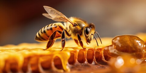 Detailed macro image of a bee collecting honey in a beehive. Bee on a honeycomb in a hive. Generative AI.