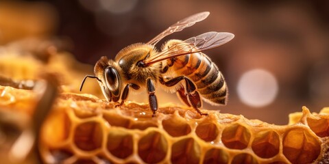 Detailed macro image of a bee collecting honey in a beehive. Bee on a honeycomb in a hive. Generative AI. - obrazy, fototapety, plakaty