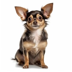 Chihuahua sitting in front of a white background, looking up. generative AI