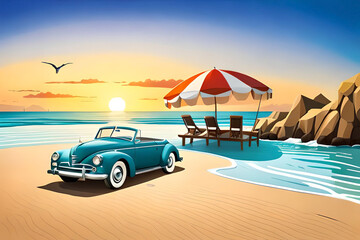 summer-themed banners for travel websites with elements like a beach resort, a scenic drive