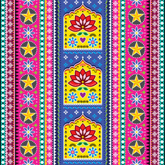 
Pakistani or Indian truck art seamless vector vertical pattern with lotus flowers and leaves, background inspired by jingle trucks - 602916773