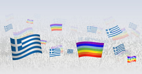 People waving Peace flags and flags of Greece. Illustration of throng celebrating or protesting with flag of Greece and the peace flag.