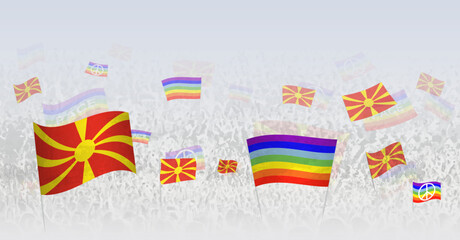 People waving Peace flags and flags of North Macedonia. Illustration of throng celebrating or protesting with flag of North  Macedonia and the peace flag.