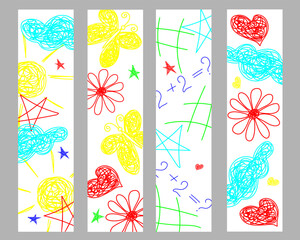 Set bookmarks with hand drawn   flowers, stars, hearts, sun, clouds, on white background in childrens slyle.