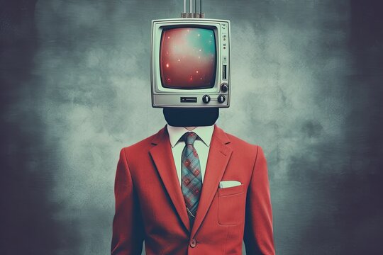 A man in a red jacket with a television head, in the style of the 1970s. Generative AI