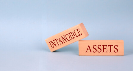 INTANGIBLE ASSETS text on the wooden block, blue background