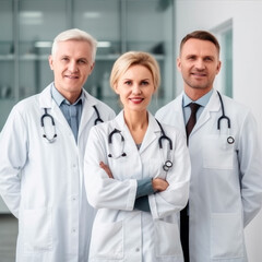Fototapeta premium portrait of 3 smiling doctors in white coats