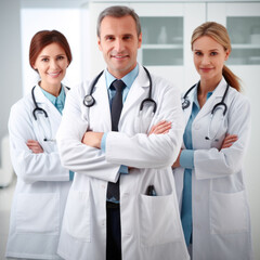 Fototapeta premium portrait of 3 smiling doctors in white coats