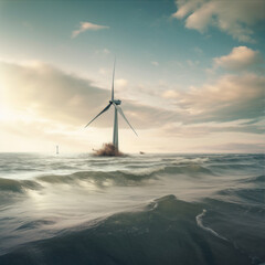 windturbine in a rough sea with big waves