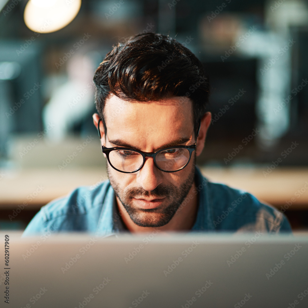 Poster focused man, face and glasses at computer in office for planning strategy, online research and readi