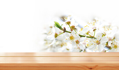 Empty wooden table for product demonstration and presentation against the backdrop of spring...