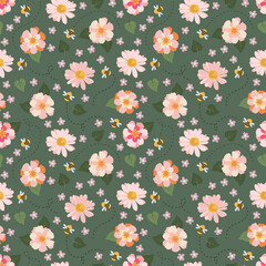 Seamless flowers and bees pattern, Summer repeat design, Floral garden background, Flower carpet endless print, Pink flowers and busy bees wallpaper