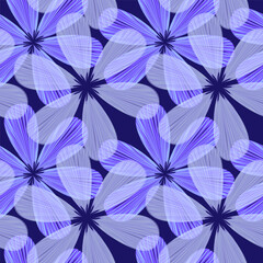 Vector seamless floral monochrome background of abstract blue purple petals pattern for fabric design