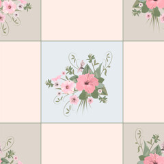 Vector floral pattern, seamless for kitchen tablecloth design, hibiscus flowers on checkered background in pastel colors