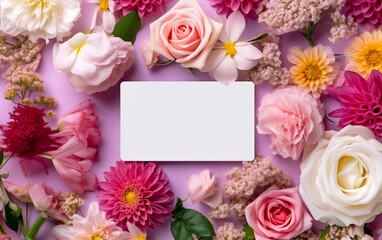 Naklejka na ściany i meble A blank white card surrounded by vibrant summer flowers, copy space, greeting card. Shallow depth of field, Illustrative Generative AI.