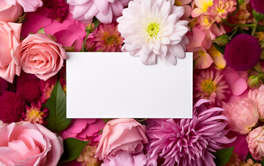 Fototapeta na wymiar A blank white card surrounded by vibrant summer flowers, copy space, greeting card. Shallow depth of field, Illustrative Generative AI.