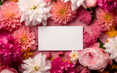 A blank white card surrounded by vibrant summer flowers, copy space, greeting card. Shallow depth of field, Illustrative Generative AI.