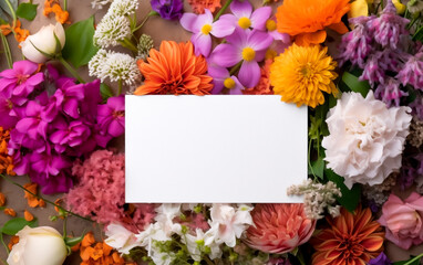A blank white card surrounded by vibrant summer flowers, copy space, greeting card. Shallow depth of field, Illustrative Generative AI.