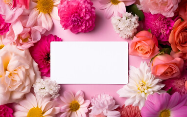 A blank white card surrounded by vibrant summer flowers, copy space, greeting card. Shallow depth of field, Illustrative Generative AI.