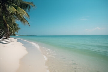 Fototapeta na wymiar calm quiet summer sea beach wide ocean view with high palm , generative AI