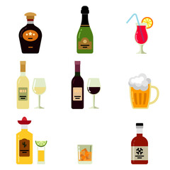 Color icon set of different types of alcohol: champagne, beer, rum, tequila, cocktails, wine, cognac, whiskey. Vector illustration.