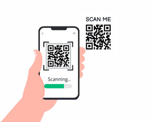 hand with phone scanning qr code for online payment Barcode scanner technology. Flat vector  design.