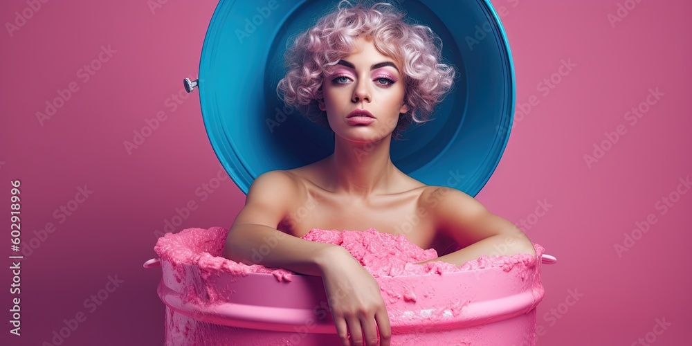 Wall mural A girl in a pink wig as doll sits in a pink bucket on a pink background, art shooting. Surreal fashion photography. Pop art girl in pink. Generative AI 