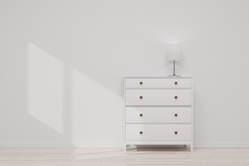 Modern chest of drawers in a bright room with light from the window. There is a table lamp on a white chest of drawers. 3d render.