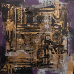 Layers of Time and Texture A Captivating Industrial Chic Artwork with Collages and Paint on a Large Canvas in Purple and Sepia AI generated