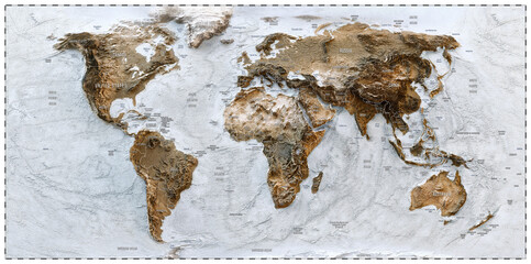 Fototapeta premium 3D World map of the Earth with exaggerated topographic relief and countries names and boundaries. High detailed global world physical map. Planet map with continents, countries borders, water objects