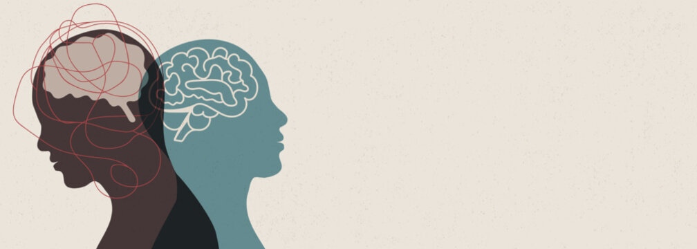 Metaphor bipolar disorder mind mental. Double face with tangle and untangle brain. Psychology. Split personality. Concept mood disorder. 2 Head. Dual-personality. Mental health. Psychiatry