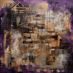 Fototapeta premium Layers of Time and Texture A Captivating Industrial Chic Artwork with Collages and Paint on a Large Canvas in Purple and Sepia AI generated