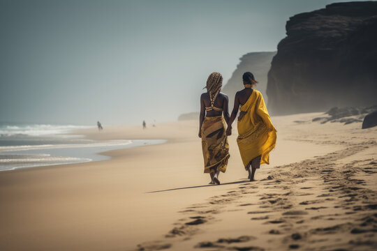 Rear image of Two African native women in traditional dresses walking along the sandy beach holding hands. AI Generative