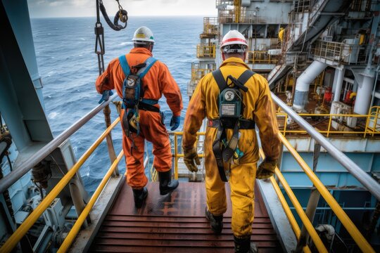 Oil rig workers offshore, made with generative ai