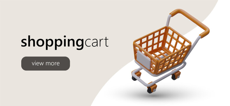Advertising web page for online store with orange cartoon shopping cart. Promotion banner for supermarket with button view more. Vector illustration in warm colors