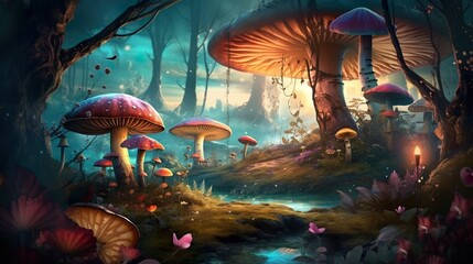Ai generated wondeland with mushrooms at dark
