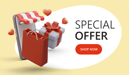 Time to shop. Bright color poster with promotional offer. 3D store with striped canopy, gift box, paper bag. Template with place for text and button. Bonus program with love for customers