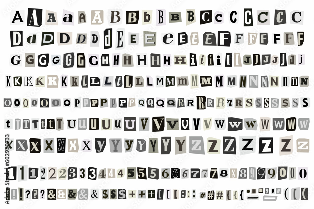 Fototapete ransom gray note english font alphabet cut out vector letters. blackmail ransom kidnapper anonymous 