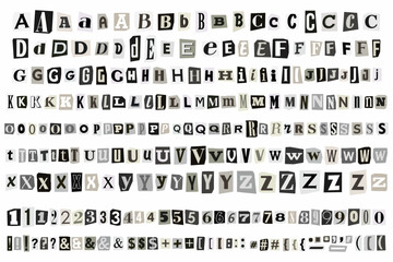 Ransom Gray Note English Font Alphabet Cut out vector Letters. Blackmail Ransom Kidnapper Anonymous Note Font. Collage style Numbers and punctuation symbols. Criminal ransom letters. - obrazy, fototapety, plakaty