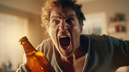 Man with a bottle of beer screaming, football fan watching broadcast at home. Close-up man screaming, emotions, stress, negative emotions, anger, burnout. Generative AI
