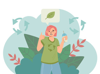 Ecology vegan woman. Young person with cocktail in her hand stands in green Tshirt made from recycled materials. Zero waste and sustainable lifestyle concept. Cartoon flat vector illustration