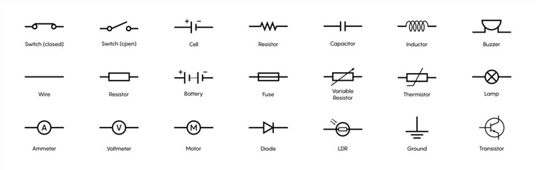 Set of electronic circuit symbols. Schematic circuit diagrams. Vector 10 eps.