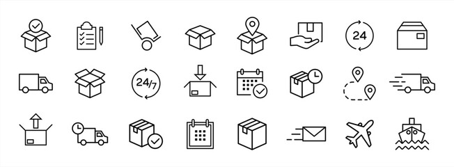 Set of Delivery Related Vector Line Icons. Contains such Icons as Priority Shipping, Express Delivery, Tracking Order and more. Editable Stroke. 48x48 Pixel Perfect. Vector 10 eps.
