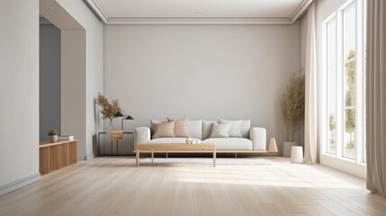home interior design white and clean minimal living room sofa clear light day time nature earth tone material scheme colour image, image ai generate