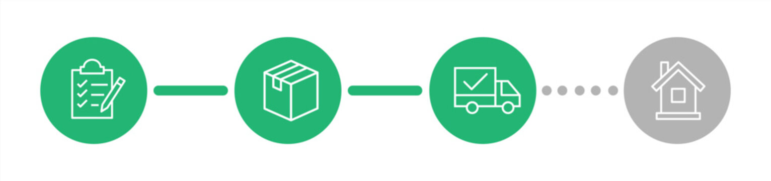 Order delivery status, post parcel package tracking vector icons. Order parcel processing bar, ship, in transit and delivery signs for express courier delivery app and web flat simple icons 10 eps.