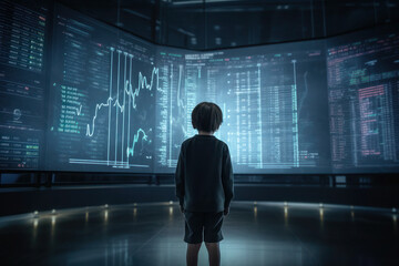 the child, boy, investor is standing back, analyzes the securities market. Projector Screen Shows Graphs. AI generative