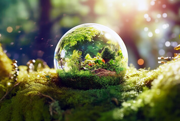 Obraz na płótnie Canvas Crystal globe putting on moss generative ai
