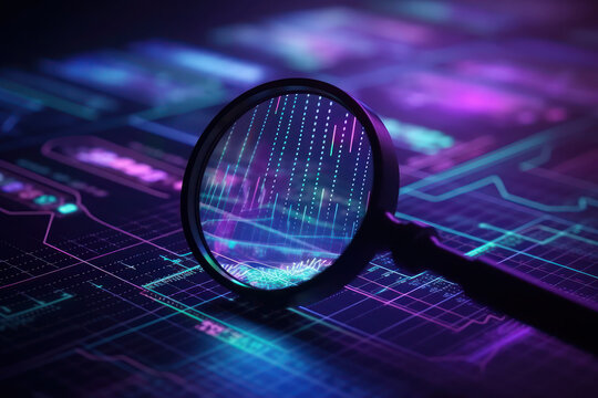 Data analysis, search engine optimization or SEO. magnifier, charts, graphs. ultraviolet and neon screen. AI generative