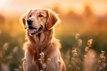 Golden retrivier in sunset field generative ai